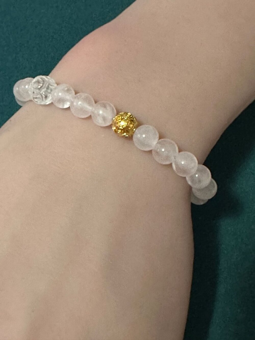 18K Solid Gold Coin Ball Stretch Bracelet Rose Quartz Clear Quartz Lotus - Picture 5 of 5
